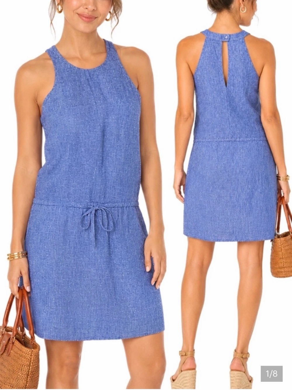 NWT Joie Diega B Linen Mini Dress size XL Plaza Blue Halter Tank Drawstring